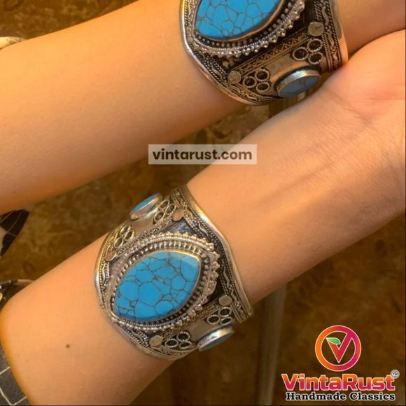 Single Ethnic Turquoise Stone Handcuff Bracelet-Afghan Kuchi Bracelet - Picture 7 of 16